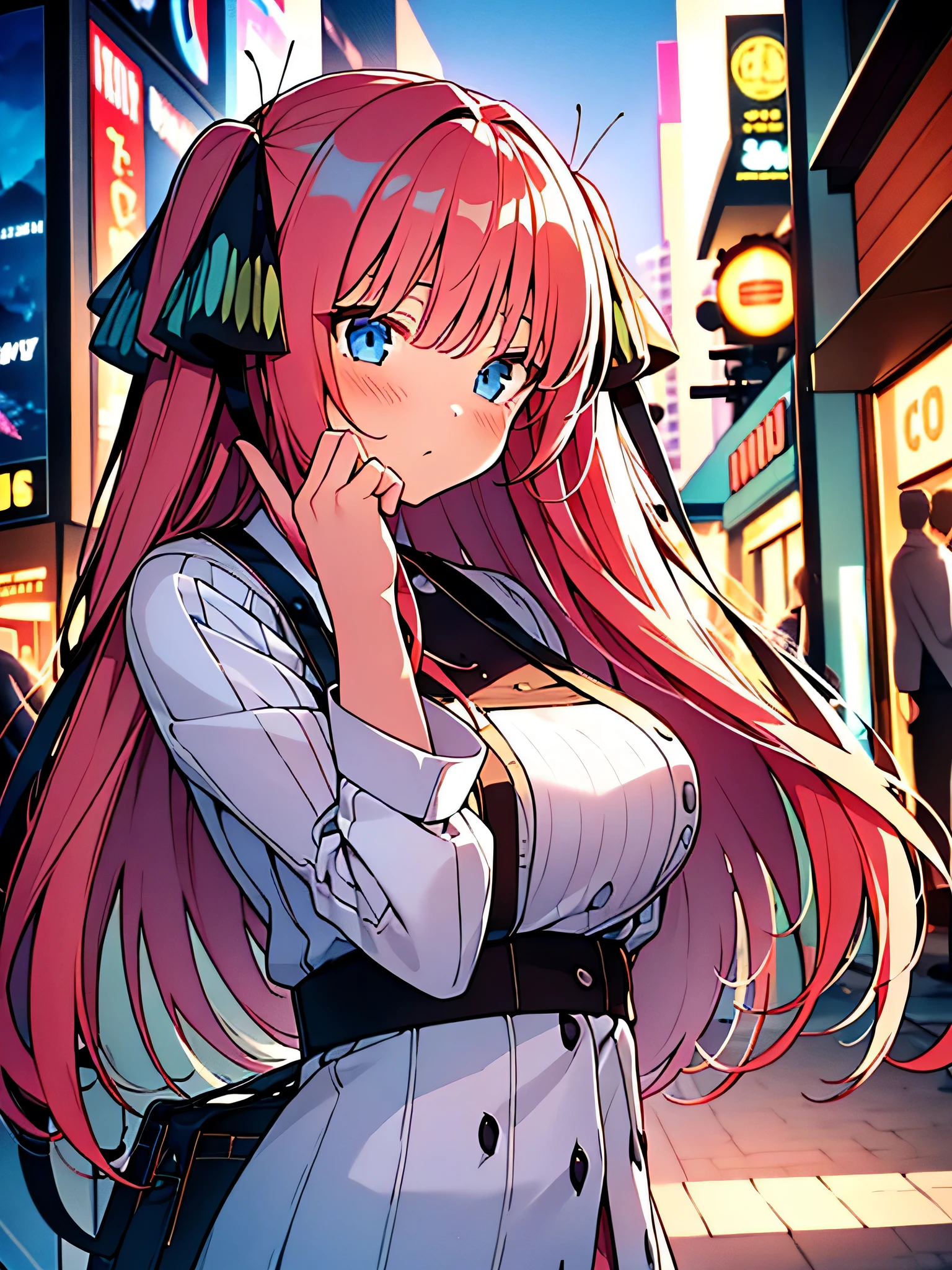 araffe dressed in white and black posing on a city street, anime girl cosplay, anime girl in real life, anime cosplay, seductive anime girl, elegant glamourous cosplay, anime goddess, hyper realistic anime, beautiful alluring anime teen, pink twintail hair and cyan eyes, beautiful alluring anime woman, japanese goddess, ayaka cosplay, belle delphine