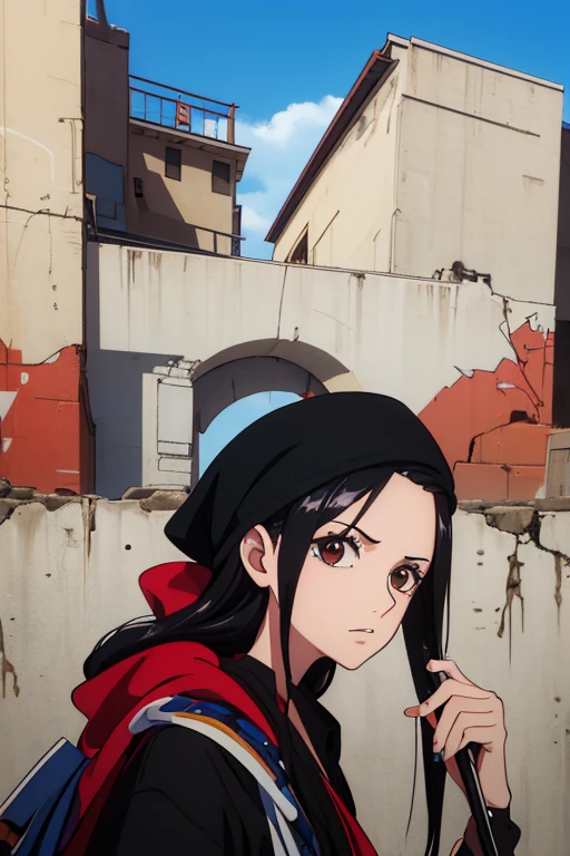 (best quality,4k,8k,highres,masterpiece:1.2), ultra-detailed, Animated, girl, mature face, long black hair, brown eyes, black hair, graffiti, girl graffer, durag, cool girl, flat , painting a wall with mugiwara flag