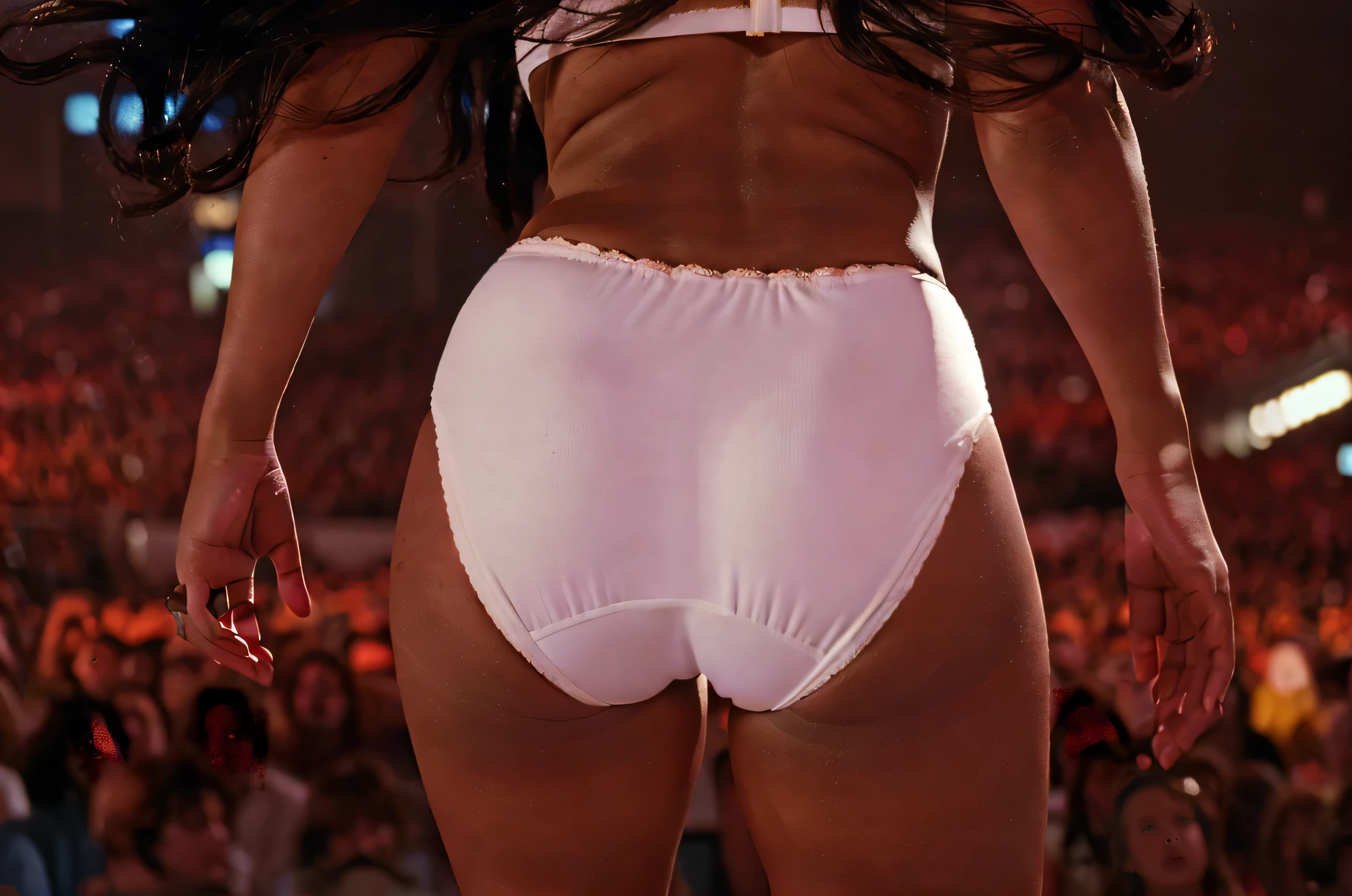 ((masterpiece, best quality)), ((25 year old)), (((Curvy))), ((Black woman with long black hair)), ((white cotton panties)),white bra, standing on stage at a concert, ((Big booty)), (((photo realistic))), ((80's film, 80's movie scene, 80's TV Style))