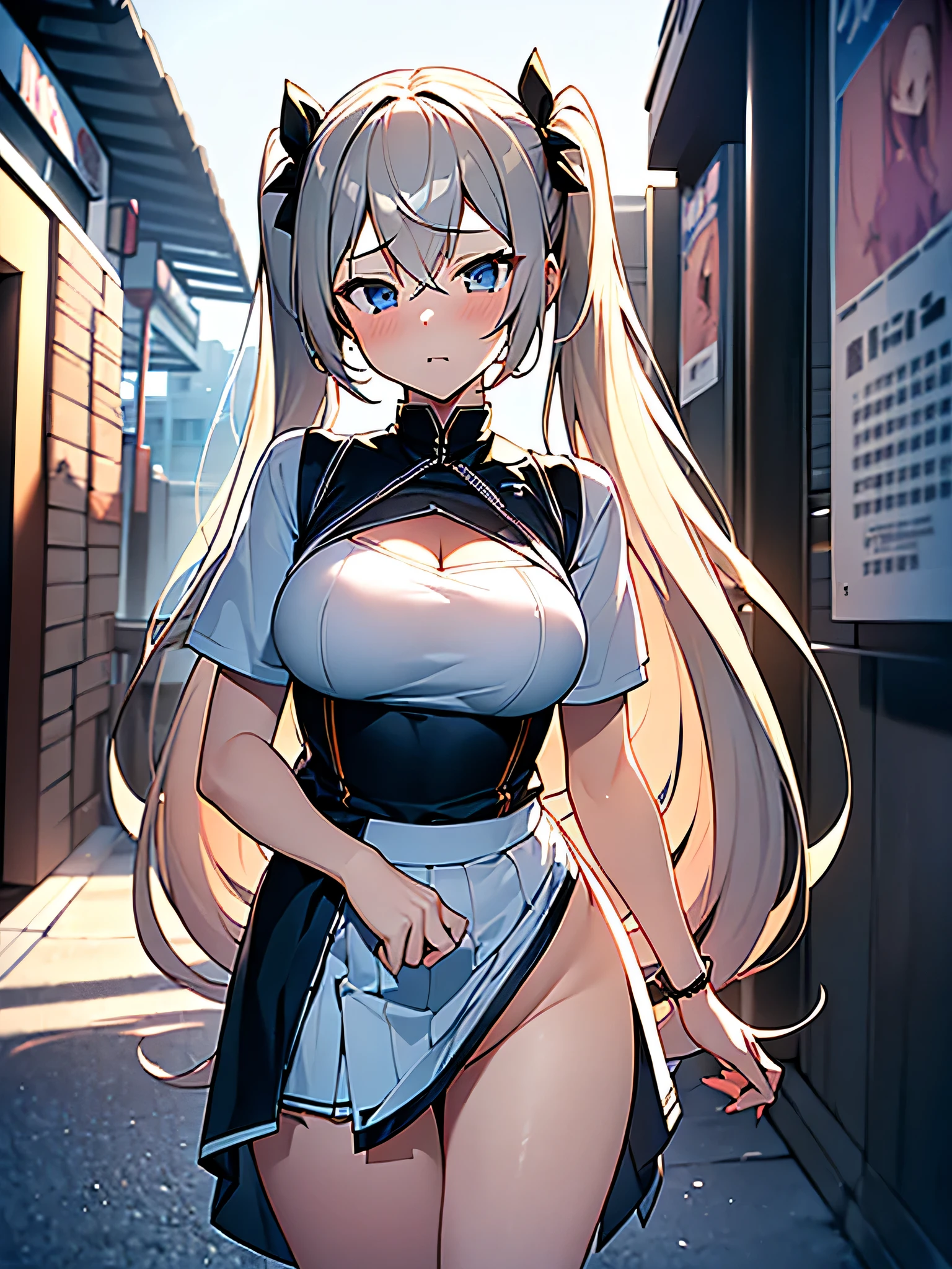 All intricate details: "(masterpiece, best quality, HuTaoV4, 1girl, solo, blush, twintails, long hair, hair between eyes, ((streetwear clothes)), city, outdoors, night, movie poster, extremely detailed 8K, fir breats, medium breasts, smooth, high resolution, ultra quality, extremely thin and light clothing transparent as air, cinematic lighting, ambient occlusion, hd, 2k, 4k, 8k, 16k, extremely detailed anime, detailed faces, perfect composition, wide shot, atmospheric lighting, very sexy, lift skirt, random low angle, uncensored, nsfw)"