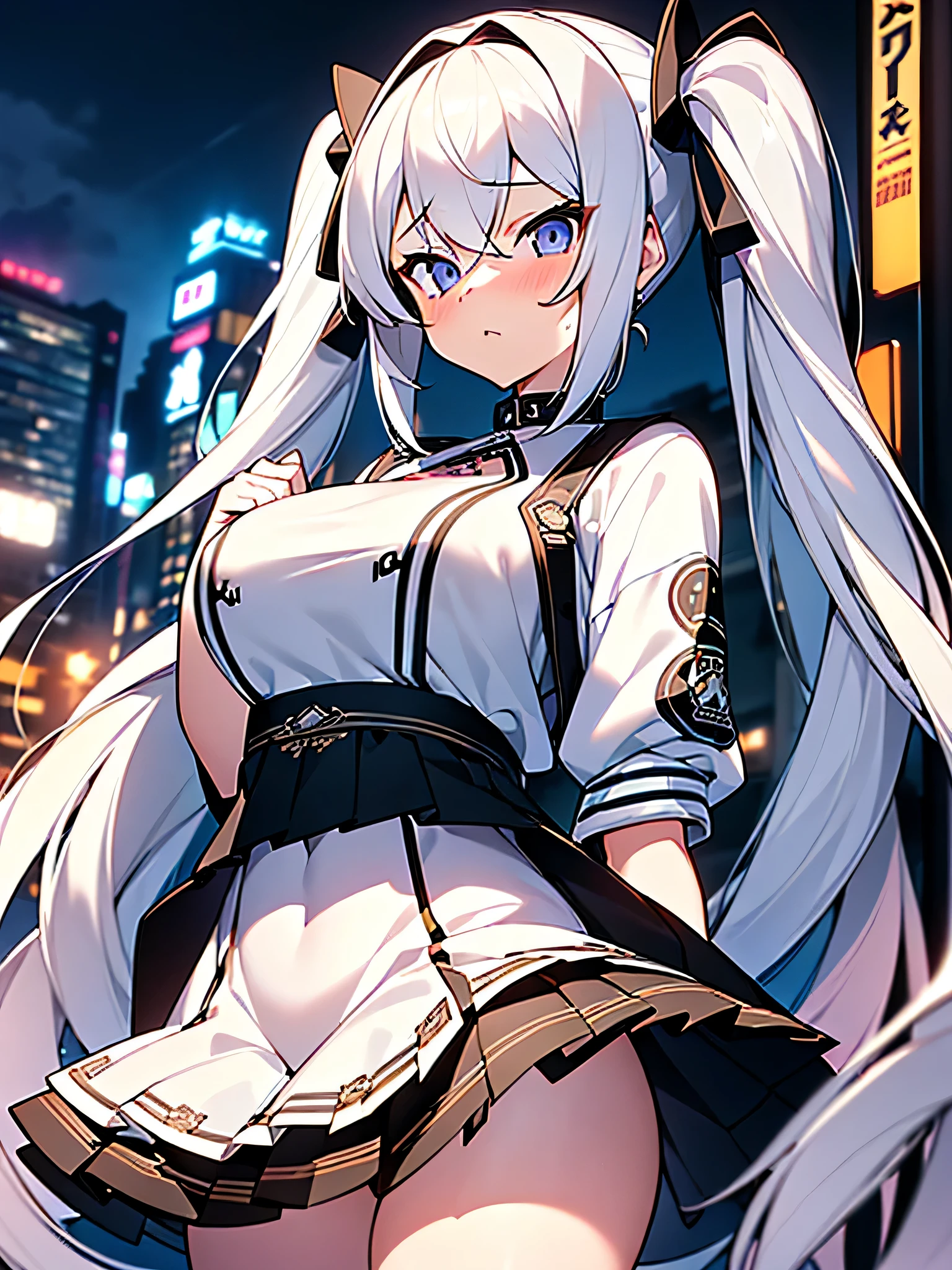 All intricate details: "(masterpiece, best quality, HuTaoV4, 1girl, solo, blush, twintails, long hair, hair between eyes, ((streetwear clothes)), city, outdoors, night, movie poster, extremely detailed 8K, fir breats, medium breasts, smooth, high resolution, ultra quality, extremely thin and light clothing transparent as air, cinematic lighting, ambient occlusion, hd, 2k, 4k, 8k, 16k, extremely detailed anime, 70% nude, Extremely wide diamond neckline, all clothes unbuttoned and open, detailed faces, perfect composition, wide shot, atmospheric lighting, very sexy, lift skirt, random low angle, uncensored, nsfw)"