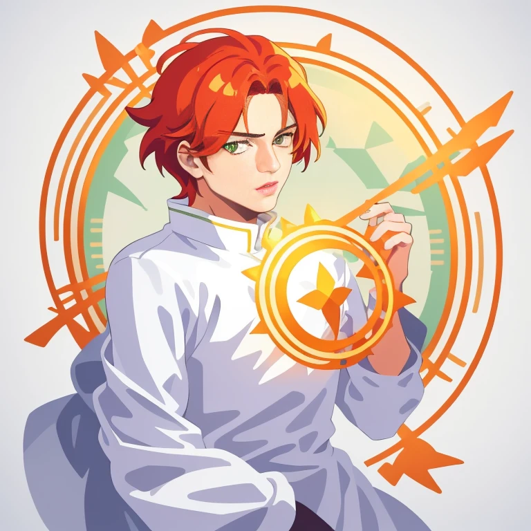 Masterpiece, ultra-detailed, Anime boy, pouty lips, long layered orange hair, light green eyes, white clothes, white prince outfit, one black cat in circle, simple yet elegant design, white background with gold border, vectorised and silhouetted, full-HD and 8K professional sticker design, intricately detailed drawing with flat vector lines.
