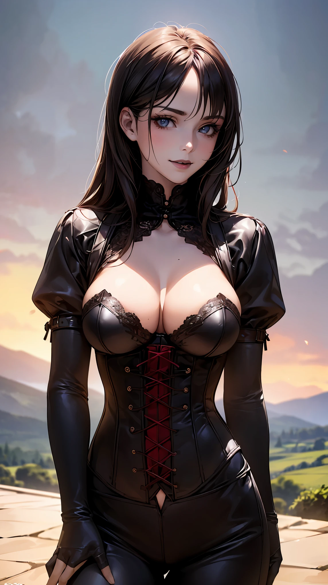 (masterpiece:1.2, highest quality), (realistic, photorealistic:1.4), beautiful illustrations, (natural side lighting, movie lighting), looking at the viewer, Upper body, (Front view), 1 girl, perfect face, Cute symmetrical face, shiny skin, baby face, long eyelashes, (large breasts), (wide hips),beautiful hair, beautiful face, fine and beautiful eyes, beautiful body, beautiful breasts, beautiful thighs, beautiful feet, beautiful fingers,(beautiful scenery),(cute smile:1.2, upper grade),long hair woman, bangs, leather corset, Grotes in black lipstick gloves, gothic landscape, serious expression