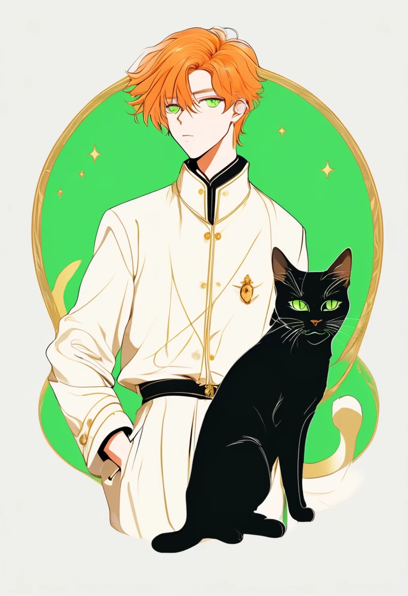 Masterpiece, ultra-detailed, Anime boy, pouty lips, long layered orange hair, light green eyes, white clothes, white prince outfit, one black cat in circle, simple yet elegant design, white background with gold border, vectorised and silhouetted, full-HD and 8K professional sticker design, intricately detailed drawing with flat vector lines.