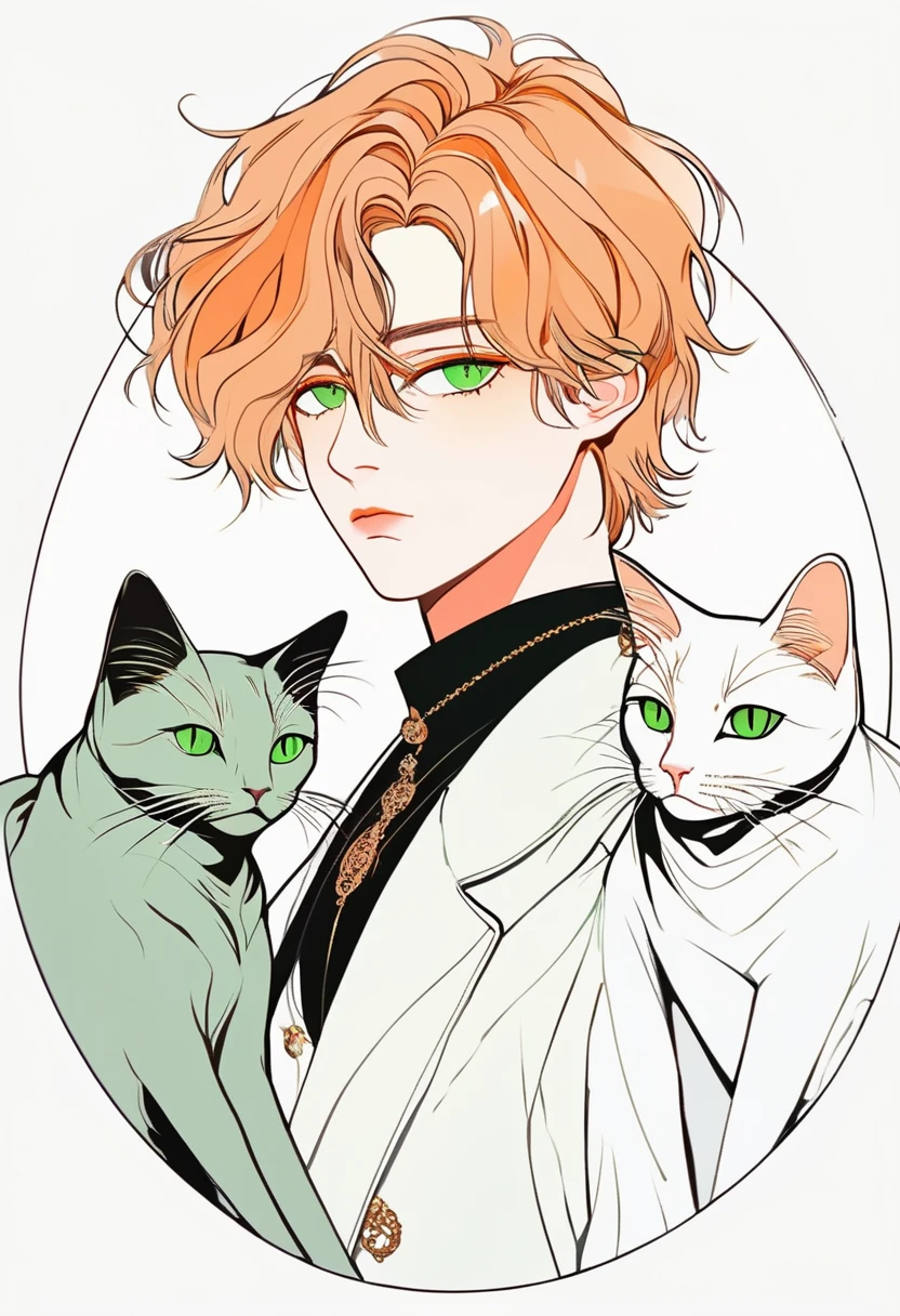 Masterpiece, ultra-detailed, Anime boy, pouty lips, long layered orange hair, light green eyes, white clothes, white prince outfit, one black cat in circle, simple yet elegant design, white background with gold border, vectorised and silhouetted, full-HD and 8K professional sticker design, intricately detailed drawing with flat vector lines.