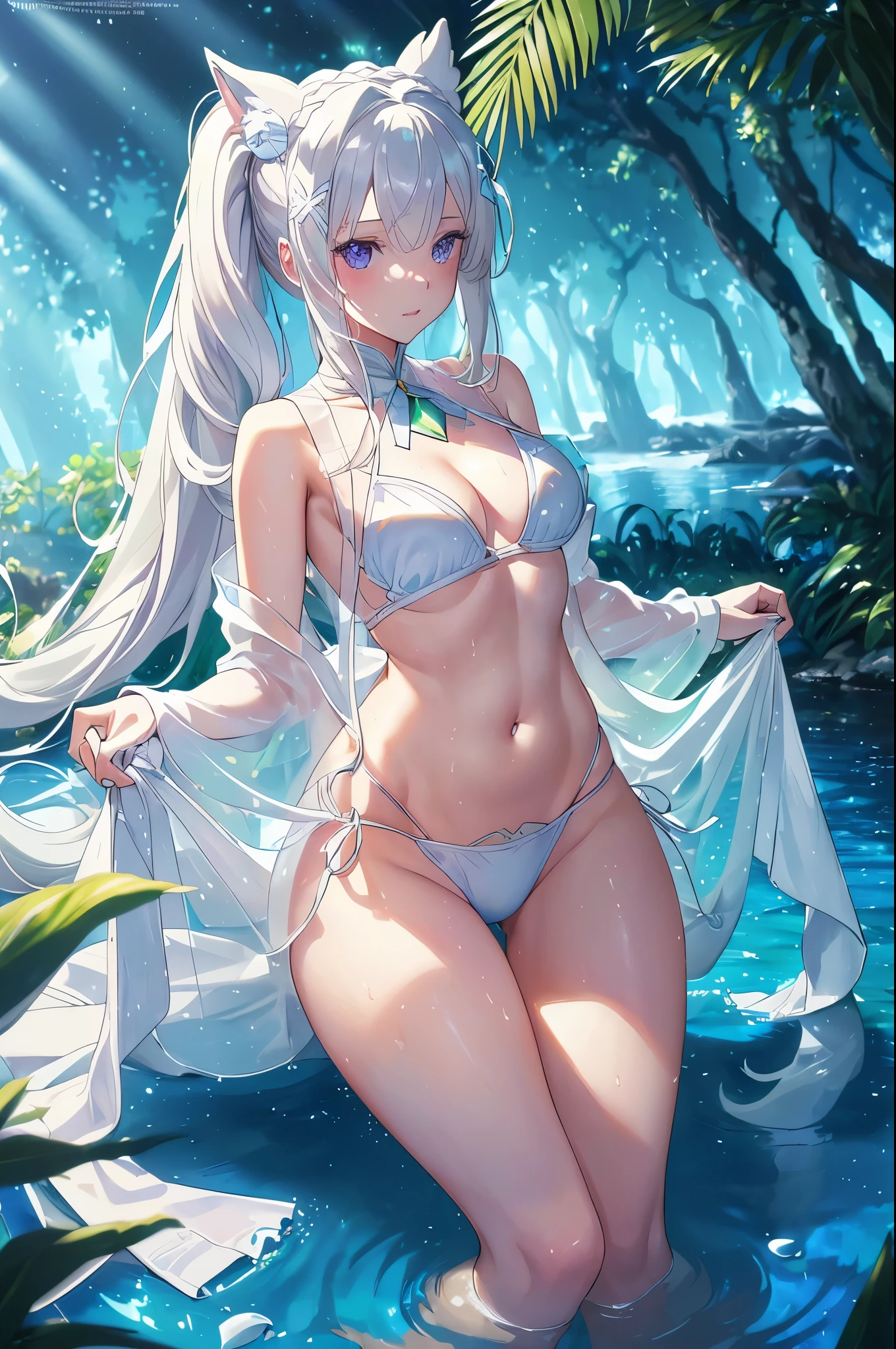 Fine and beautiful hair、Eyes and face,realistically,ultra - detailed,Cute,long white socks,Emilia re:zero, purple eyes, Emilia, crown braid, x hair ornament, flower hair ornament, white hair, very long hair, medium breasts,(Live-action fantasy movie poster), beautiful composition, Fashionab、high high quality, (swimsuit white queen), Surrounded by sparkling blue waters, (crystal-clear water:1.2), Gorgeous underwater lights, (dynamicposes), Confident and powerful, mysterious smile, (diadems), beautiful blonde hair, (an enchanted forest:1.3), (magical light:1.2), Elegant and atmospheric, (Secluded beach:0.8), (sea shell:0.9), (Flawless skin:1.2), Stunningly detailed.(8K, RAW photogr, Best quality at best, tmasterpiece: 1.2), high definition TAW color photos, (professional photoshooting, actual, realistically: 1.37), (tmasterpiece: 1.5), (Best quality at best: 1.2), movie lighting, (bokeh: 1.2), 35mm: 1.25, wide angles, ((low angles: 1.2)), Long shot photo, glamour shot, front or back, ( full body1.15), The girl stood in the distance ((The girl being photographed can be seen through the gaps in the vegetation.....: 1.4)), (Detailed faces: 1.2), Detailed skin texture, Skin glows, Exquisite, Beautiful and delicate face: 1.3, Extraordinary tight bikini, Anime girl in white bikini, (Clothed only in bikini)), (see-through white bikini)), (High cut T-back)), (( Bikinis with a small cloth area: 1.5)), Pass through vegetation: 1.2, 1 girl, 19 year old model, Alone, white skinned, Cute breasts, , (((dark colour)), natural breasts, Willow waist, ssmile: 1.2, pony tails, The nipple shape is clearly visible, pubic shape clearly visible, Clearly visible, (The cloth is thin, breasts exposing cleavage)), ( The cloth is thin,The areola is transparent)), (((The cloth is thin,The epidermis is transparent)), Detailed bangs hair, Long messy hair detail: 1.3, random hair style, fox tails,White animal ears,8K