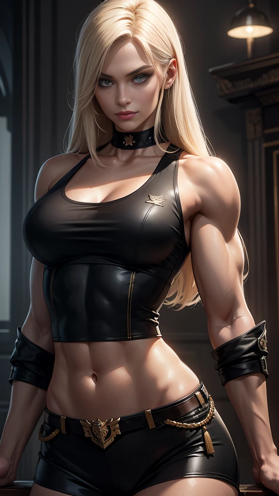 A gorgeous and stunning female soldier fighting on the battlefield, smirking sadistically, smiling sadistically, high rank, dominant, challenging demeanor, smug, teasing, tall, statuesque, imposing, towering, biceps, triceps, eight pack abs, extremely defined abs, tank top, wide shoulders, narrow hips, narrow waist, huge breasts, slim, slender, toned, long eyelashes, make up, perfect eyes, eyeliner, perfect lips, long fingers, delicate fingers, long nails, supermodel, tattoo on shoulder, (military uniform), tanned skin, official uniform, colonel, marshal, lieutenant, platinum blonde,