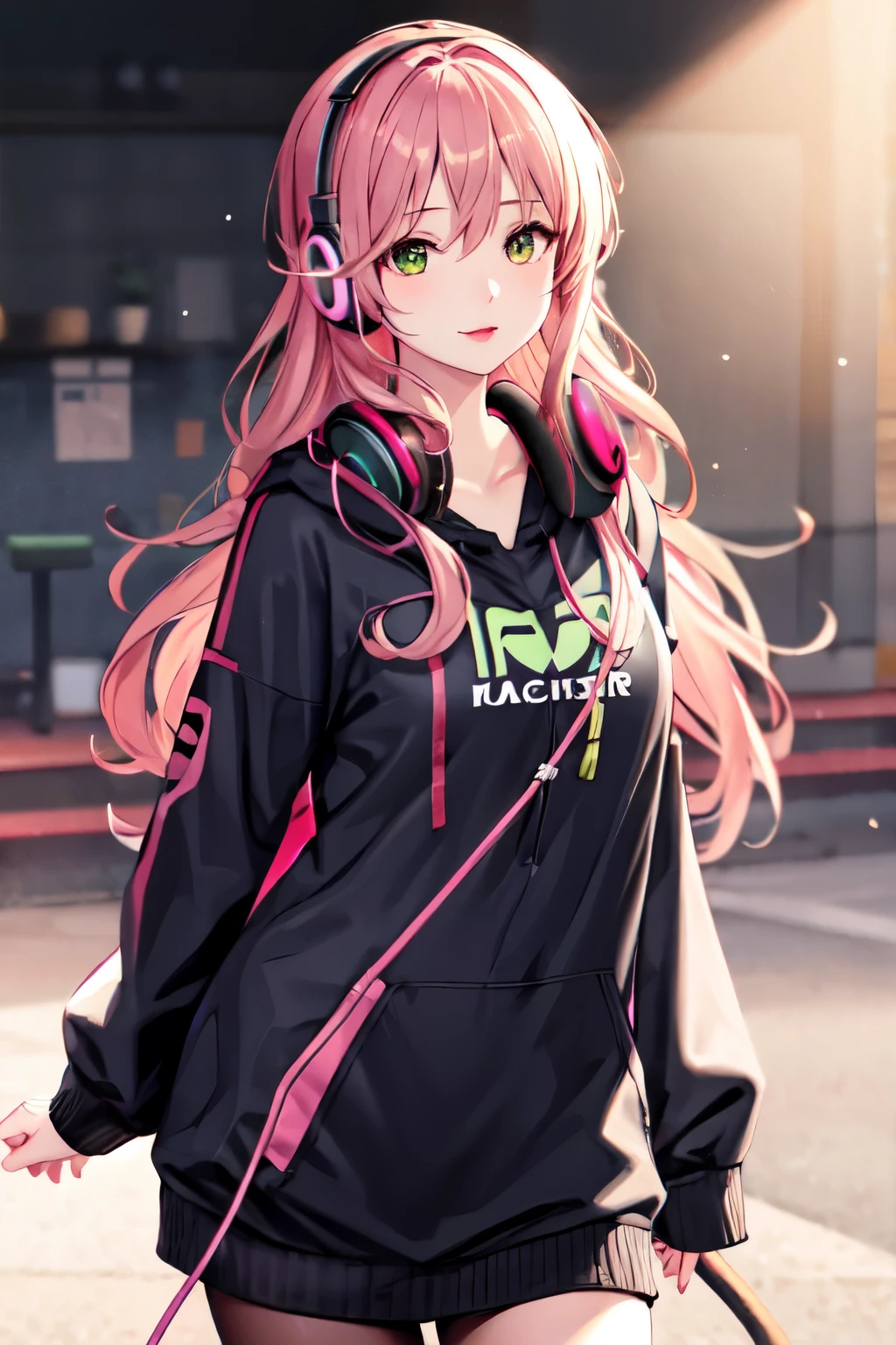 createCharacter -gender female -age 30 -hairLength long -hairStyle curly -hairColor black -eyeColorLeft green -eyeColorRight pink -skinColor black -ears cat -tail blackCat -clothing short -accessory headphone -orientation front -background lightAbstract
