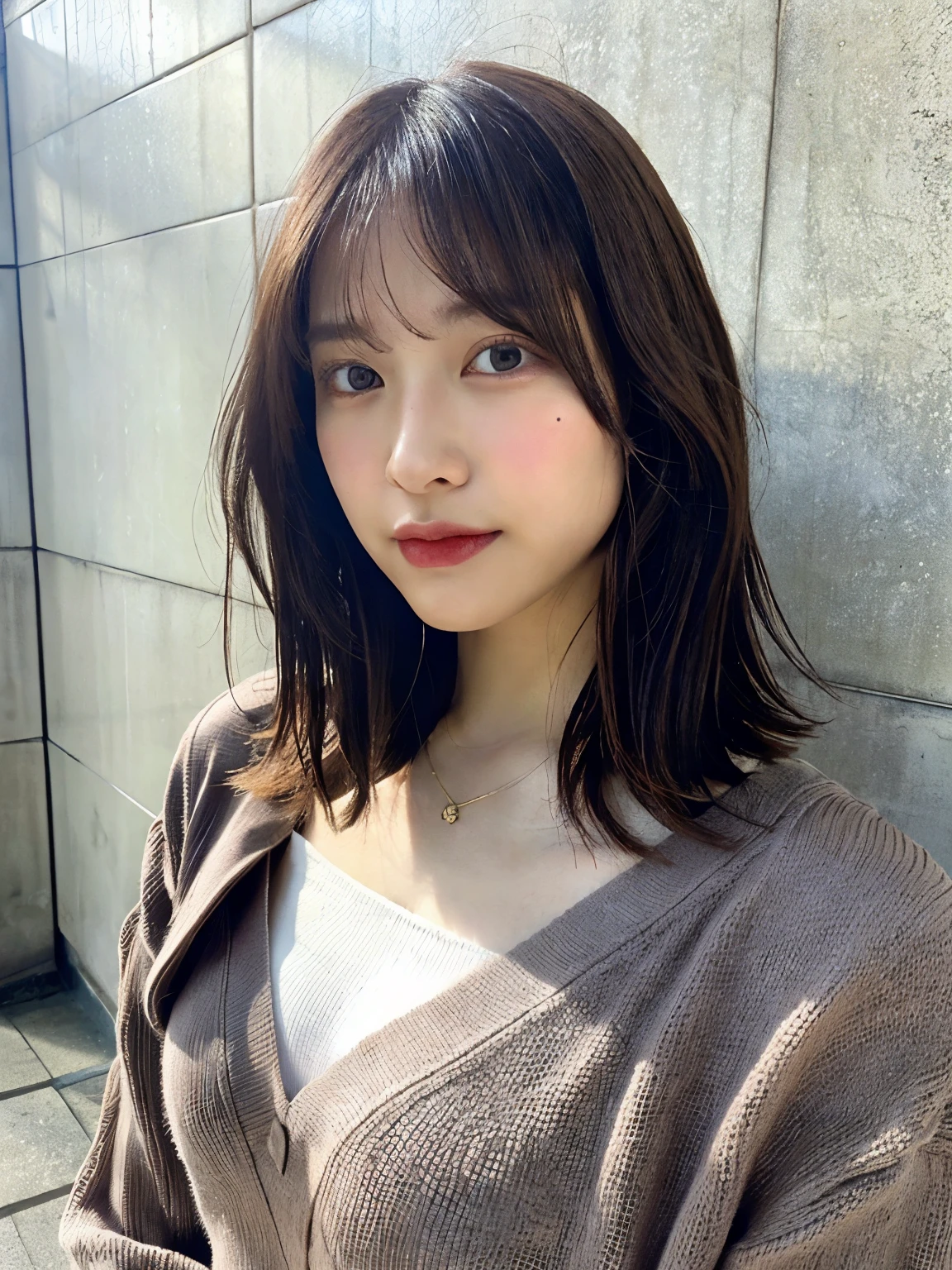 shot in natural light、Highly detailed face and skin texture、highly detailed lips、correct state of the human body、超A high resolution、(Photoreal:1.4)、top quality, 1 beautiful woman, 28 years old, s, 35mm lens,concrete background、tile background、Pale pink knit、(dark brown medium short hair)、black haired、Japanese woman with bob、(dark brown hair)、Various poses、don&#39;t look at the camera、profile、natural color lip、spring clothes、 necklace