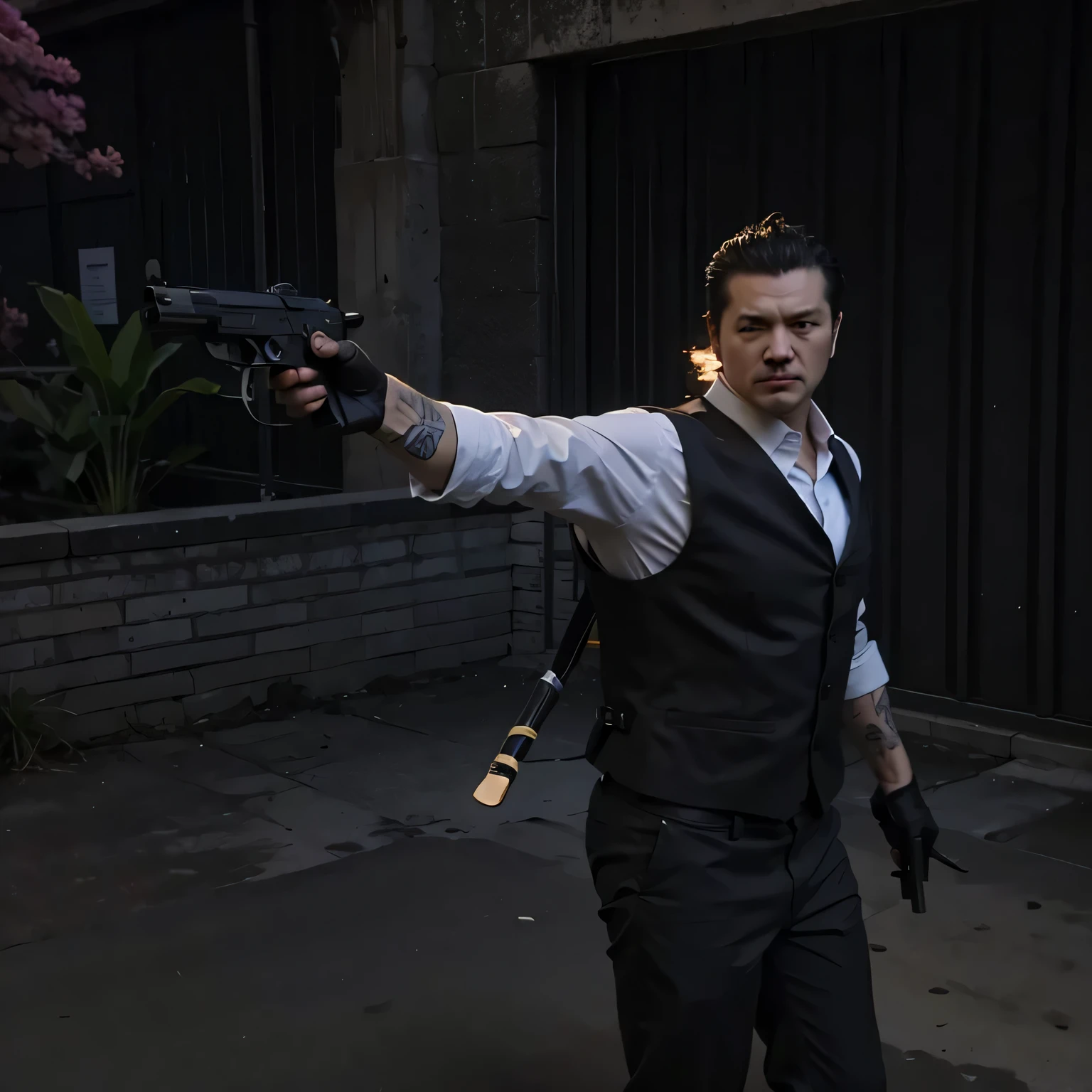 Ein mafia japaner mit schwarzen kurzen haren, milchigen augen, a katana on the back, tattos on the body wearing a suit and a gun in his hand.