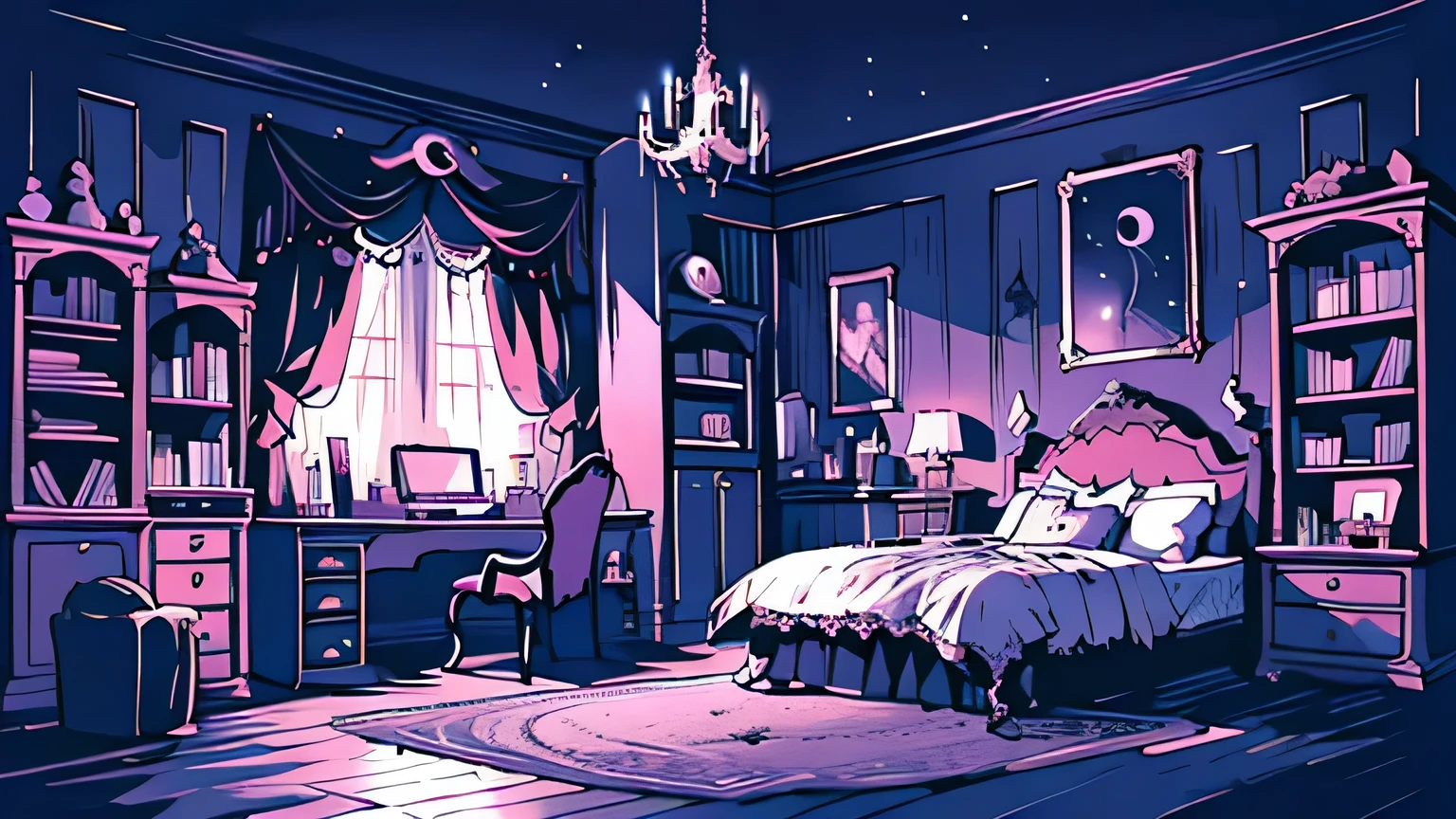 background、highest quality、detailed、gothic atmosphere、Room illustration、、Illustration in black and pink tones、spacious room、night、深night、Beautiful night sky from the window、lace curtains、Gothic bed、one chandelier、Gothic furniture、bookshelf、Plush rug、There are no living things、wide range composition、Deformed illustration、dark atmosphere、The silence of the night、starry sky、Crescent Moon、Crescent Moon and star illumination