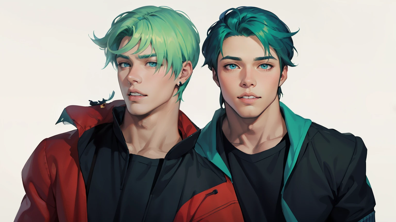 two men with green hair and blue eyes are standing next to each other, jazza and rossdraws, two anime handsome men, realistic anime artstyle, artgerm and genzoman, petros and leonid, realistic anime art style, rossdraws and jazza, anime realism style, semirealistic anime style, 2 d anime style, in an anime style