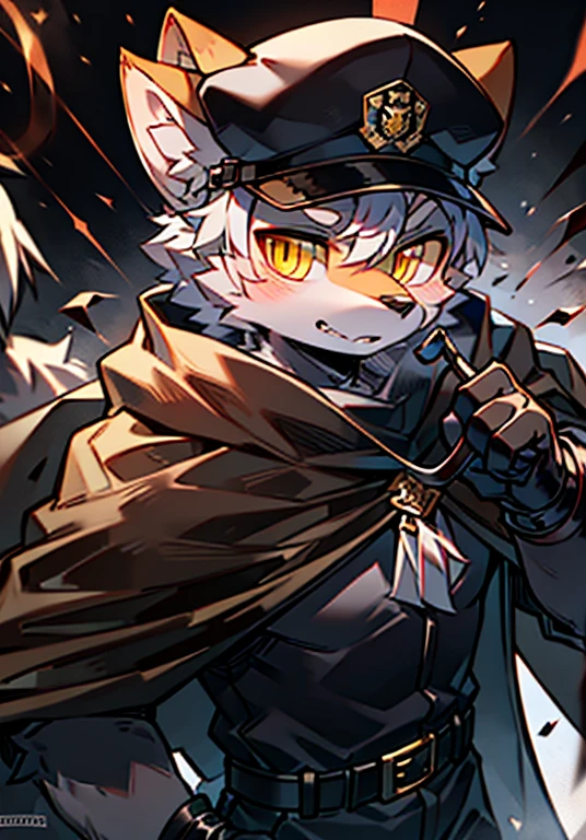 best quality,Delicate painting style,Exquisite hook line,delicate skin,fine hair,slender hands,exquisite eyes,normal eyes,Gray wolf ears,hairy,yellow eyes,Handsome,pupil,,Different pupils, criminal department, mottled light and shadow, people,There is God'Bright Eyes,gray fur,black military uniform,black military cap,large hat,black cloak,black cloak,Holding a long leather whip in his hand,black gloves,black leather gloves,attack,cold,strongly,cold,ruthless