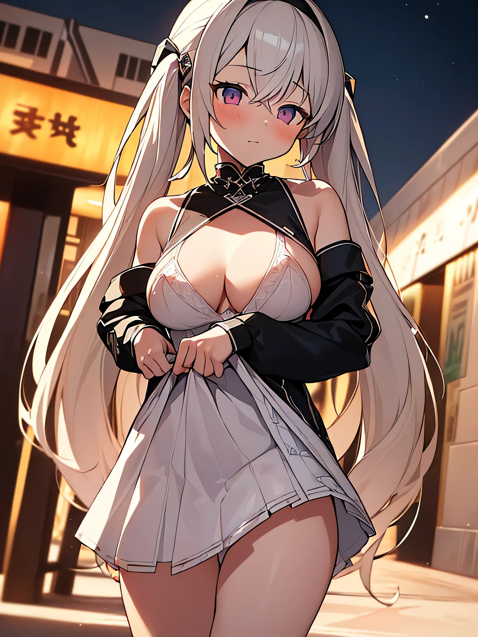 All intricate details: "(masterpiece, best quality, HuTaoV4, 1girl, solo, blush, twintails, long hair, hair between eyes, ((streetwear clothes)), city, outdoors, night, movie poster, extremely detailed 8K, fir breats, medium breasts, smooth, high resolution, ultra quality, extremely thin and light clothing transparent as air, cinematic lighting, ambient occlusion, hd, 2k, 4k, 8k, 16k, extremely detailed anime, 70% nude, Extremely wide diamond neckline, all clothes unbuttoned and open, detailed faces, perfect composition, wide shot, atmospheric lighting, very sexy, lift skirt, random low angle, uncensored, nsfw)"