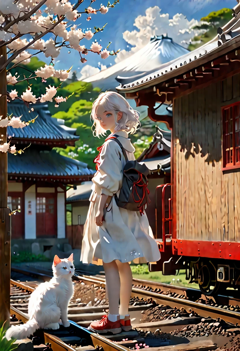 8K、Raw photo、highest quality、look up:1.2、masterpiece:1.2、genuineistic、ultra high resolution、high contrast、photon mapping、genuine、Super detailed、official art, Raw photo、professional lighting、 light、Vivid atmosphere、twicelight) This scene is、It depicts a scene of a girl standing at an old wooden train station in the countryside in the spring morning sun, with a kitten gazing at her.。The station building seems to have been forgotten, giving a sense of nostalgia.、There is silence and calm。 On the station platform、There is a girl and a white kitten。The white kitten時計のある扉の下に座り、Watching over the station premises。This scene is、Reminiscent of a rural Japanese town、The atmosphere is tranquil, as if it were located near a Japanese shrine.。 I can see the cherry blossom trees、Spring flower々Gatsai。The girl's expression is young.々work、Delicate、I am embarking on a new journey amidst a station building and scenery that remind me of nostalgic memories.。The white kitten、It seems like they are celebrating the girl's departure to a new stage.。 This scene is、The beautiful scenery and tranquil atmosphere of the Japanese countryside are combined.、It will give the viewer a sense of comfort and warmth.