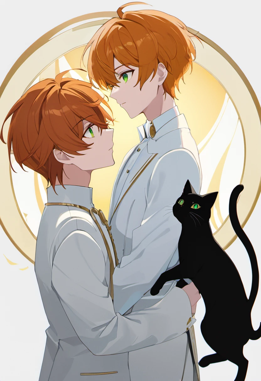 Masterpiece, ultra-detailed, Anime boy, pouty lips, long layered orange hair, light green eyes, white clothes, white prince outfit, one black cat in circle, simple yet elegant design, white background with gold border, vectorised and silhouetted, full-HD and 8K professional sticker design, intricately detailed drawing with flat vector lines.