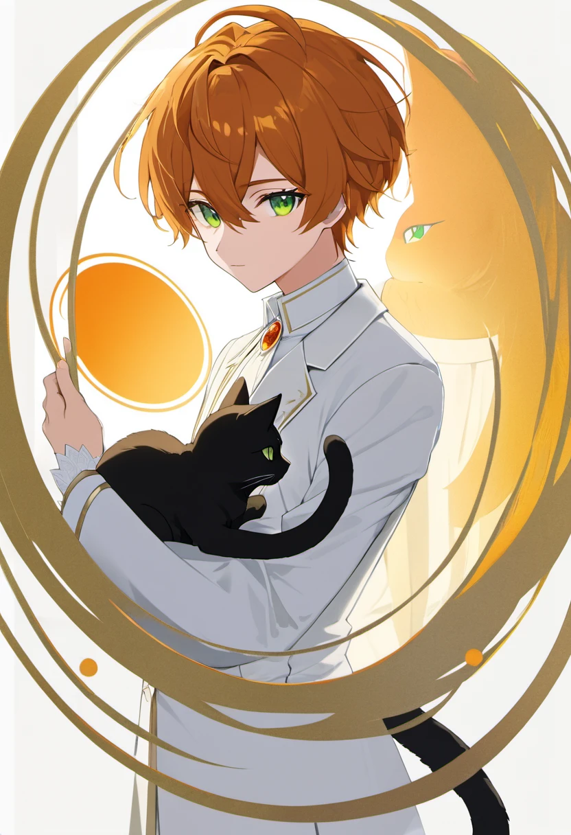 Masterpiece, ultra-detailed, Anime boy, pouty lips, long layered orange hair, light green eyes, white clothes, white prince outfit, one black cat in circle, simple yet elegant design, white background with gold border, vectorised and silhouetted, full-HD and 8K professional sticker design, intricately detailed drawing with flat vector lines.