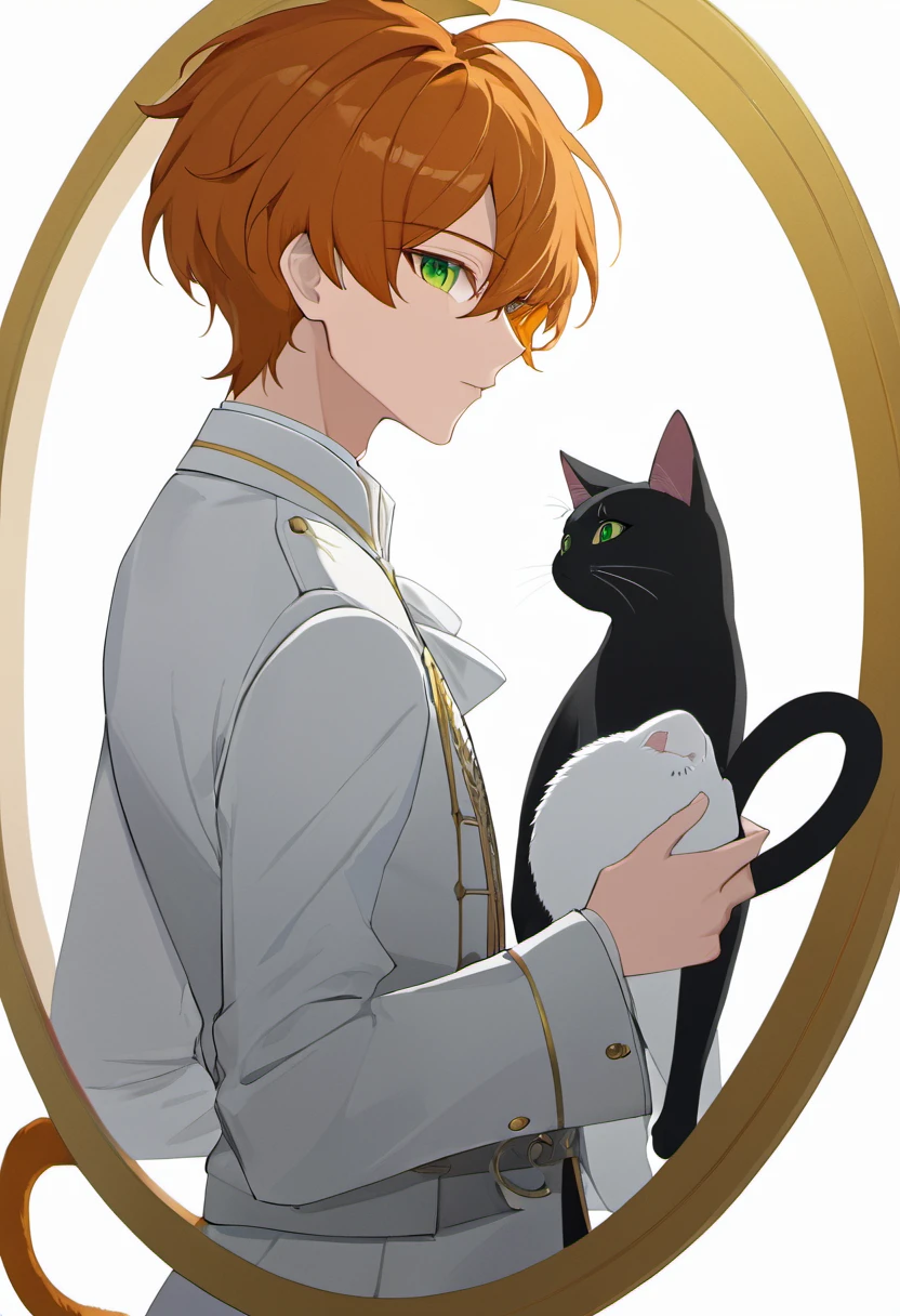 Masterpiece, ultra-detailed, Anime boy, pouty lips, long layered orange hair, light green eyes, white clothes, white prince outfit, one black cat in circle, simple yet elegant design, white background with gold border, vectorised and silhouetted, full-HD and 8K professional sticker design, intricately detailed drawing with flat vector lines.
