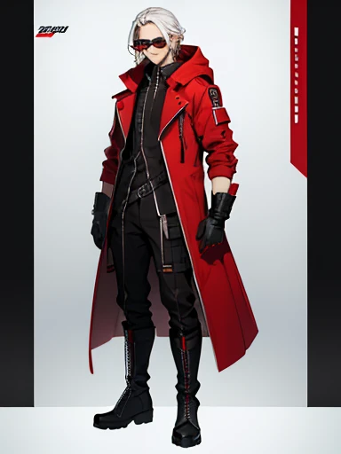  Concept ART ,human Male  ,Clear Skin ,Red eyewear , white hair,long braided ,zip Red Coat  , Full body , Black Gloves  , Black boots ,