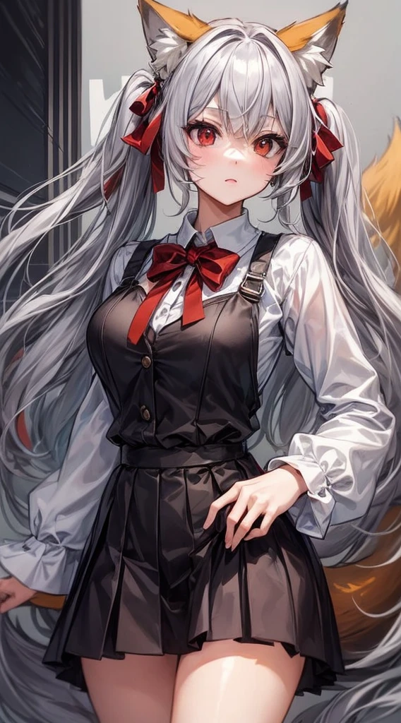 A neko woman with grey hair in a virtual YouTuber style is the centerpiece of this artwork. Her hairstyle features long hair with twintails and bangs, with a section of hair falling between her eyes. She has adorable animal ears, specifically fox ears, which are fluffy. Her piercing red eyes and fox tail add to her captivating appearance.

For the clothing, she wears a white shirt with long sleeves that extend past her wrists. The shirt is adorned with a beautiful red bow, which complements her hair bow. The skirt she wears is a stylish black pleated skirt, adding a touch of elegance to her overall look.

The artwork is of the highest quality, with a "masterpiece" level of detail. It is created with the best quality materials, ensuring a high-resolution, high-quality image. The details are ultra-detailed and realistic, showcasing professional craftsmanship. The lighting in the artwork enhances the overall atmosphere and highlights the intricate details.

The art style chosen for this prompt is a perfect blend of anime and concept artists, capturing the charm and aesthetics of both genres. The colors used in the artwork are vivid and vibrant, creating a visually appealing composition.

In summary, this Stable Diffusion prompt generates a high-quality, ultra-detailed image of a neko woman in a virtual YouTuber style. It focuses on her unique features, clothing, and offers a captivating art style with vivid colors and professional craftsmanship. The prompt is designed to produce an exquisite masterpiece that will delight art enthusiasts and fans of neko characters.