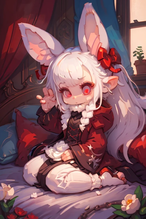 voxel,(3D Big Pixel Art,3D Pixel Art),Large pixels,#1 girl(3D Pixel Art:2.0,Chibi,Cute,Kawaii,Small ,White hair:1.8,long hair,White bunny ears,white sleepwear,Red eyes,Big eyes,white skin,hairbow,lie down on the bed,very sleepy,barefoot),#background(In the bed room,Gothic room,cute),(3D Pixel Art),From above,