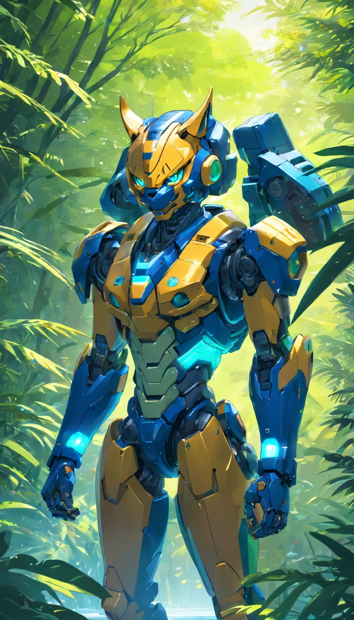 an ultra detailed, hiper realism, digital art, of a mecha tiger, dark blue eyes, with in an elegant green and yellow cyborg armor with mechanic parts and cyborg helmet on the jungle , sci-fi armor, super detailed armor, carbon textures, ghost in the shell, deus ex, full body shot, action pose, ultra sharp focus, award winning photography, perfect contrast, high sharpness, depth of field, ultra detailed photography, global illumination, smooth, 35mm, full body vision,  ultra high definition, 8k, unreal engine 5, ultra sharp focus, award winning photography, trending on artstation