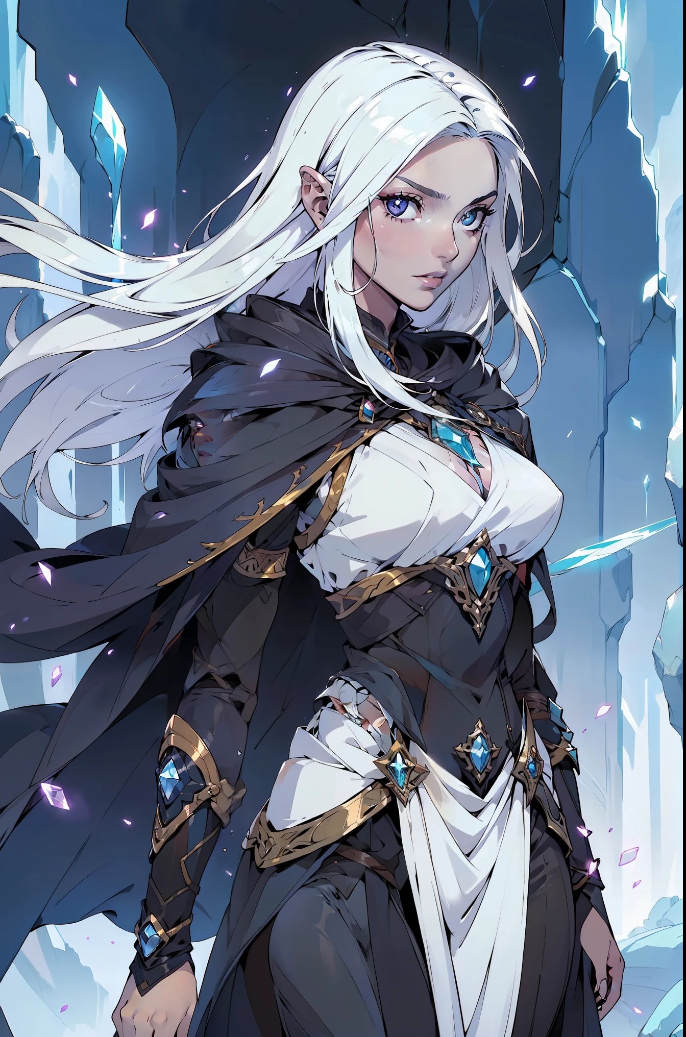 Linda mulher imperadora, The skin is crystal clear, beautiful appearance, There is deep wisdom in your eyes, It's like I've seen everything in the world, Vestindo um lindo manto branco, segurando uma espada longa, The cloak dances in the wind,Cabelo prateado tremula ao vento, o manto branco delineia perfeitamente a figura graciosa, Maneira gentil e pastoral, como uma fada perfeita