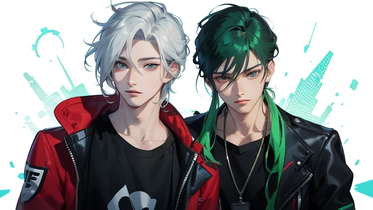 two men with green hair and blue eyes are standing next to each other, jazza and rossdraws, two anime handsome men, realistic anime artstyle, artgerm and genzoman, petros and leonid, realistic anime art style, rossdraws and jazza, anime realism style, semirealistic anime style, 2 d anime style, in an anime style