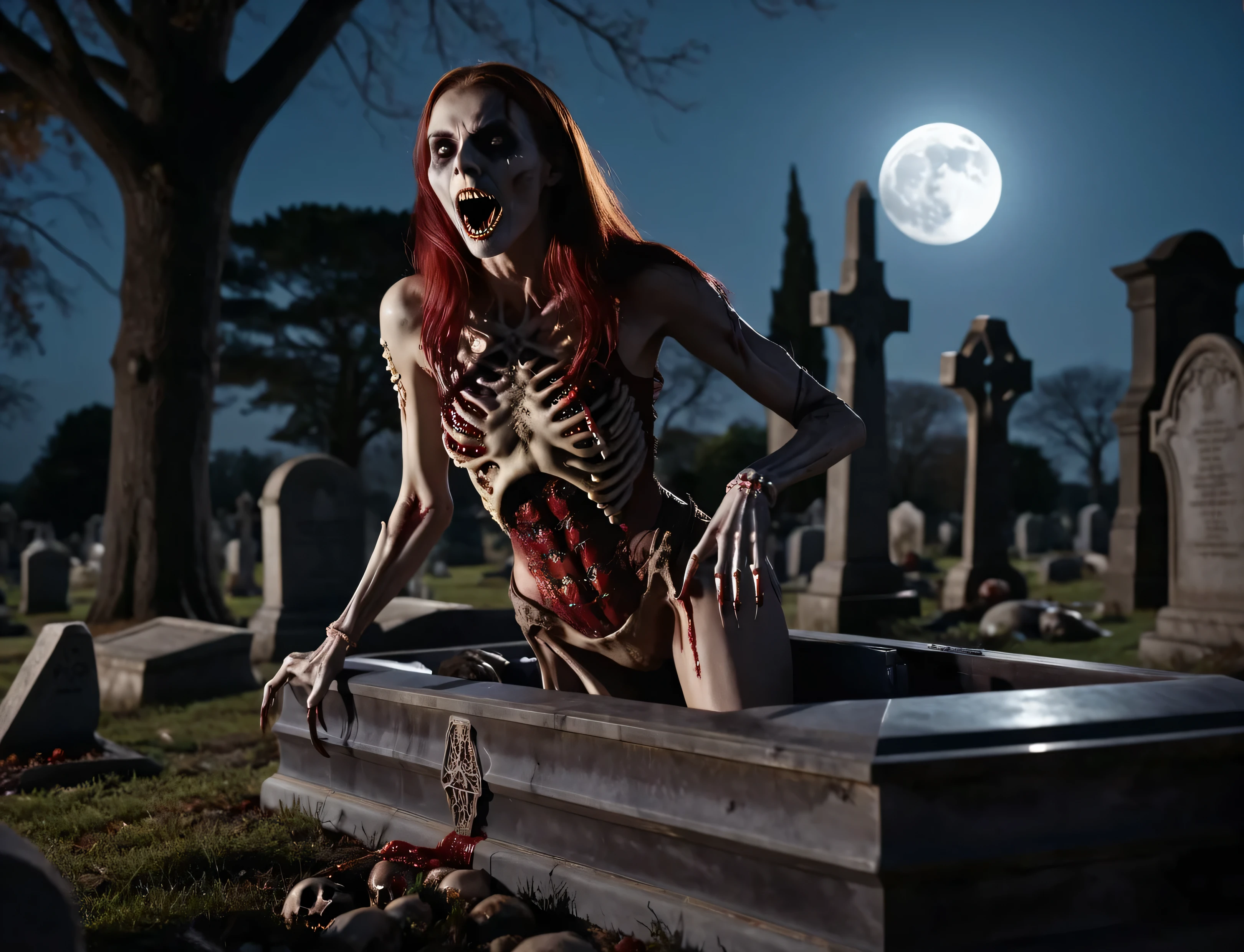 cinematic photo [parameters:  professional, 4k, highly detailed]
[location: graveyard cemetry coffin ]
[action: Anthropomorphic (woman:0.4:zombie:0.3) with demon_features]
[scene details 1: horror style bones and blood]
[scene details :  claws, fangs, organs]
[scene details 2: full moon, midnight] . . 35mm photograph, film, bokeh, professional, 4k, highly detailed
