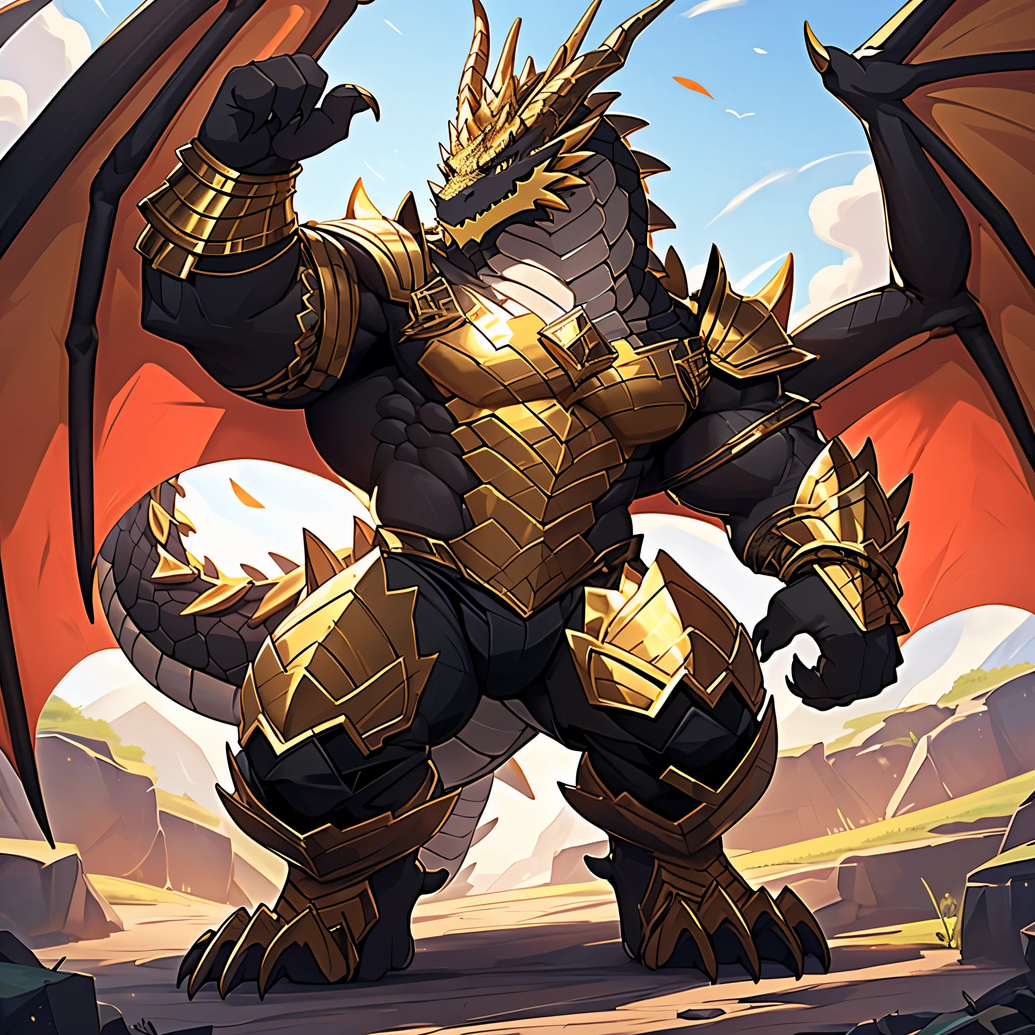 (The violent and powerful Dark Gold Dragon King,Wearing modern black and gold armor,Inlaid with black gold gemstones:200),Strong build的龙形恶魔,(Broad dragon body,huge chest,majestic wingspan,Sharp and huge dragon claws,Thick iron tail,Sharp dragon scales,The huge dark gold dragon king:2),Strong build,(Dark gold scales,Mighty dragon-shaped demon:2),Dragon legs apart,Dragon wings unfold,The dragon's claws open,Excited toothy smile,huge mount,full body picture,Very detailed,4k HD