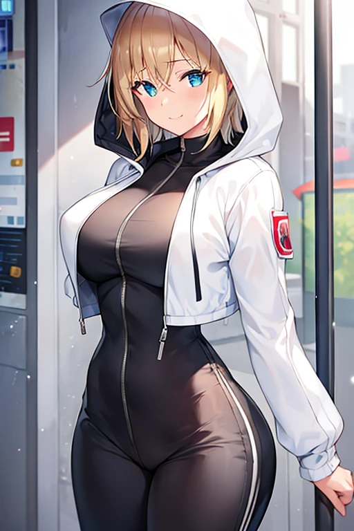 1girl, hood, jacket, hooded jacket, hood on, hood up, blonde hair, large breasts, breasts, wide hips, thick thighs, hourglass figure, white jacket, black shirt, shirt, very short hair, pants, black pants, smile, toned, toned female, urban, mature female, tall, tall female, arm down, hands down, arms down, hand down, cropped jacket, ((cropped jacket))