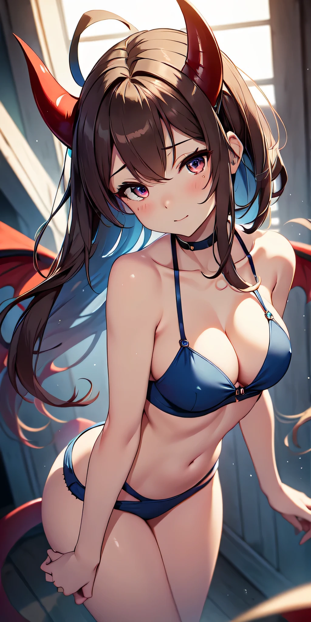 (large demon wings the size of her body), 1 demon girl, bright red yellow crystal eyes, demon horns, demonic tail, long light blue hair, bewitching smile, (lips parted), hair ornaments, provocative blue clothes, (Flying like an owl when hunting), approaching the roof, blue night, 18 years old, sharp focus, looking at the roof, cowboy photo, very sexy girl, sexy hunting pose, (blueberry theme: 1.1) , (blue tone: 1.1), illustration),all realistic intricate details: "(solo, cute, brown hair, blue eyes, medium breasts, firm breasts, symmetrical face, short drees, very sexy)" random angle