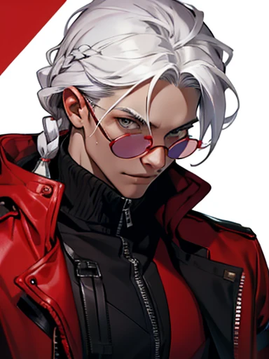  Concept ART ,human Male  ,Clear Skin ,Red eyewear , white hair,long braided ,zip Red Coat  , Black Gloves  , Cool 