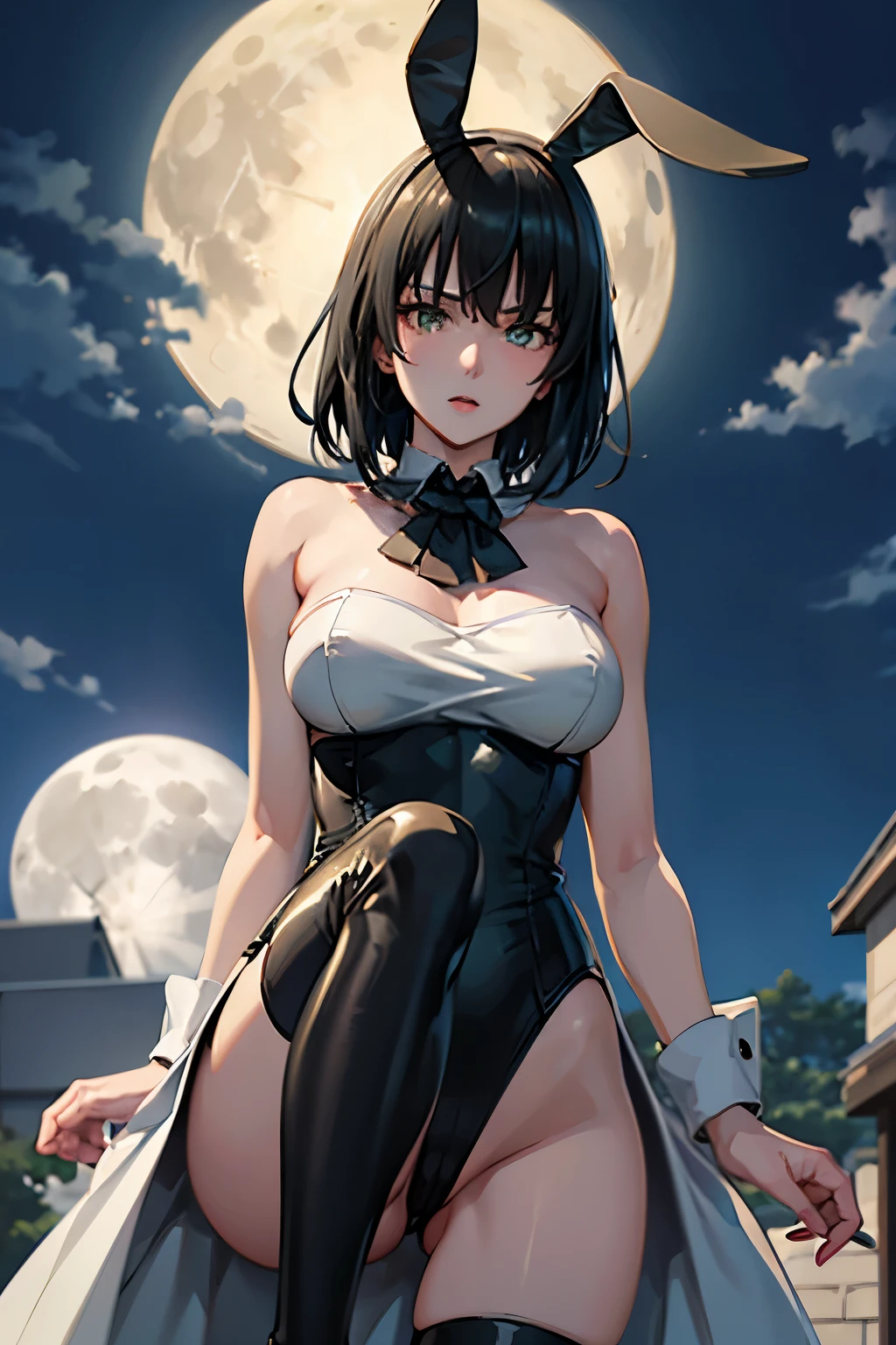 Fubuki, Bunny girl,pantyhose、Photo from below、full moon、medium chest、thigh high boots、spread legs、rabbit ears