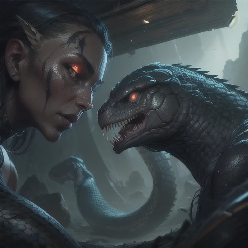 Close-up of a woman in a bodysuit with a snake on her back, snake woman hybrid, snake human hybrid, hot reptilian humanoid woman, Ultra-realistic concept art, realistic fantasy rendering, Realistic painting work, 8k ultra-realistic creatures, highly detailed digital art, very realistic concept art, surreal concept art, Art Station Unreal W-960