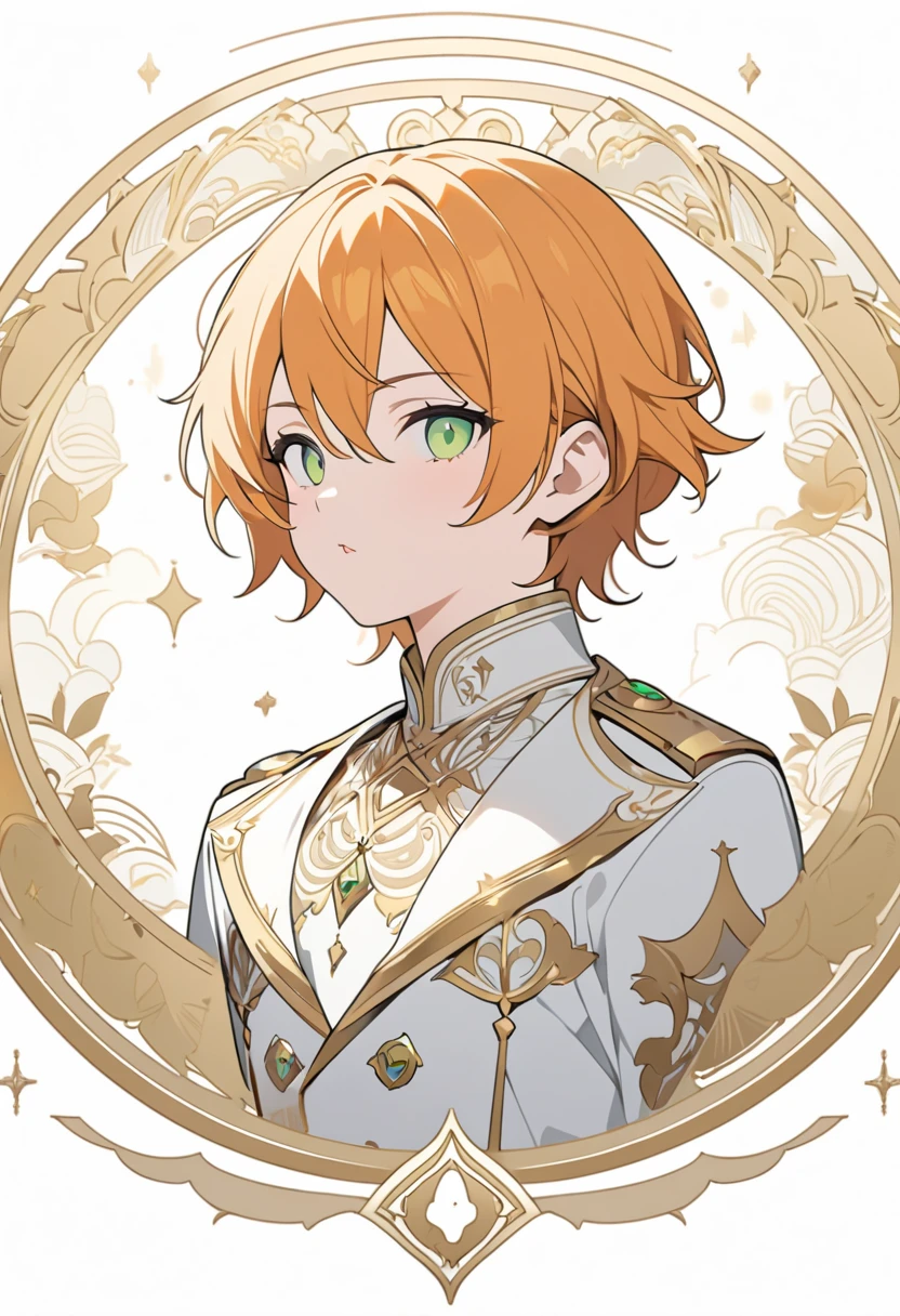 Masterpiece, ultra-detailed, Anime boy, pouty lips, long layered orange hair, light green eyes, white clothes, white prince outfit, one black cat in circle, simple yet elegant design, white background with gold border, vectorised and silhouetted, full-HD and 8K professional sticker design, intricately detailed drawing with flat vector lines.