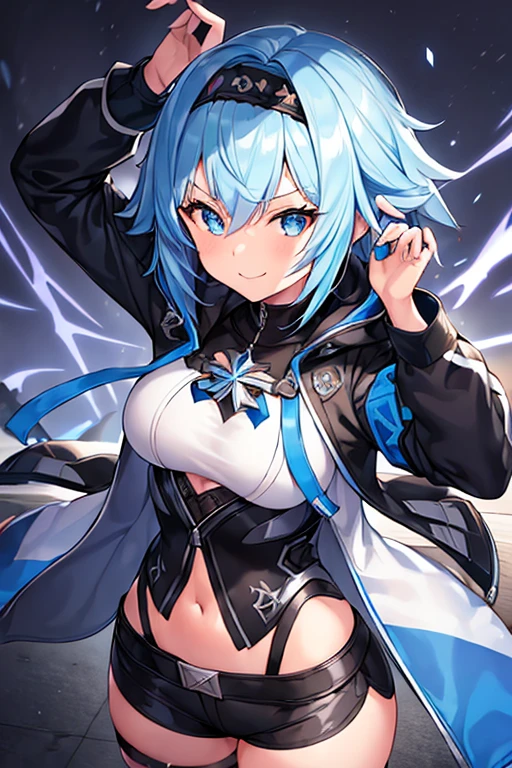 1girl, blue hair, very short hair, eula \(genshin impact\), black jacket, jacket, hooded jacket, hood, shirt, white shirt, black headband, headband, large breasts, shorts, short pants, black shorts, urban, smile, normal clothes, simple clothes, happy, light smile, tall, tall female, city