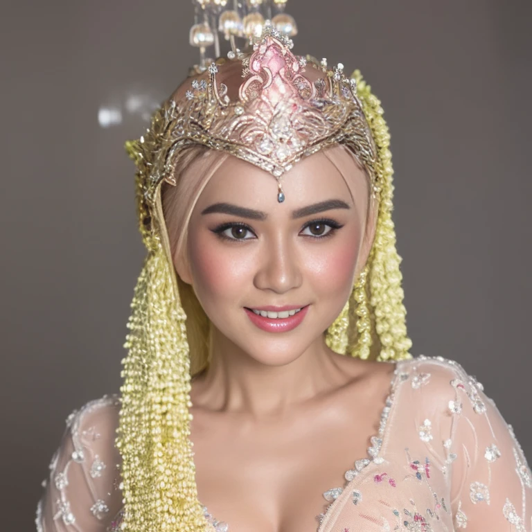 (masterpiece), ((best high quality:1.0), (ultra highres:1.0), detailed illustration, 8k, ((highest detailed)), ((ultra realistic)), soft lighting, ((realistic face, realistic skin)), ((super high resolution)), extreme detailed, ((HD picture)), ((56 Years Old)) ((indonesian old mother with hijab)), ((gigantic breasts)), forward chest, ((busty body)), tall body, ((full body shot)), ((perfect beautiful face, thick lips, blush, Perfect round eyes, thin smile)), ((sexy panganten sunda)), full body.