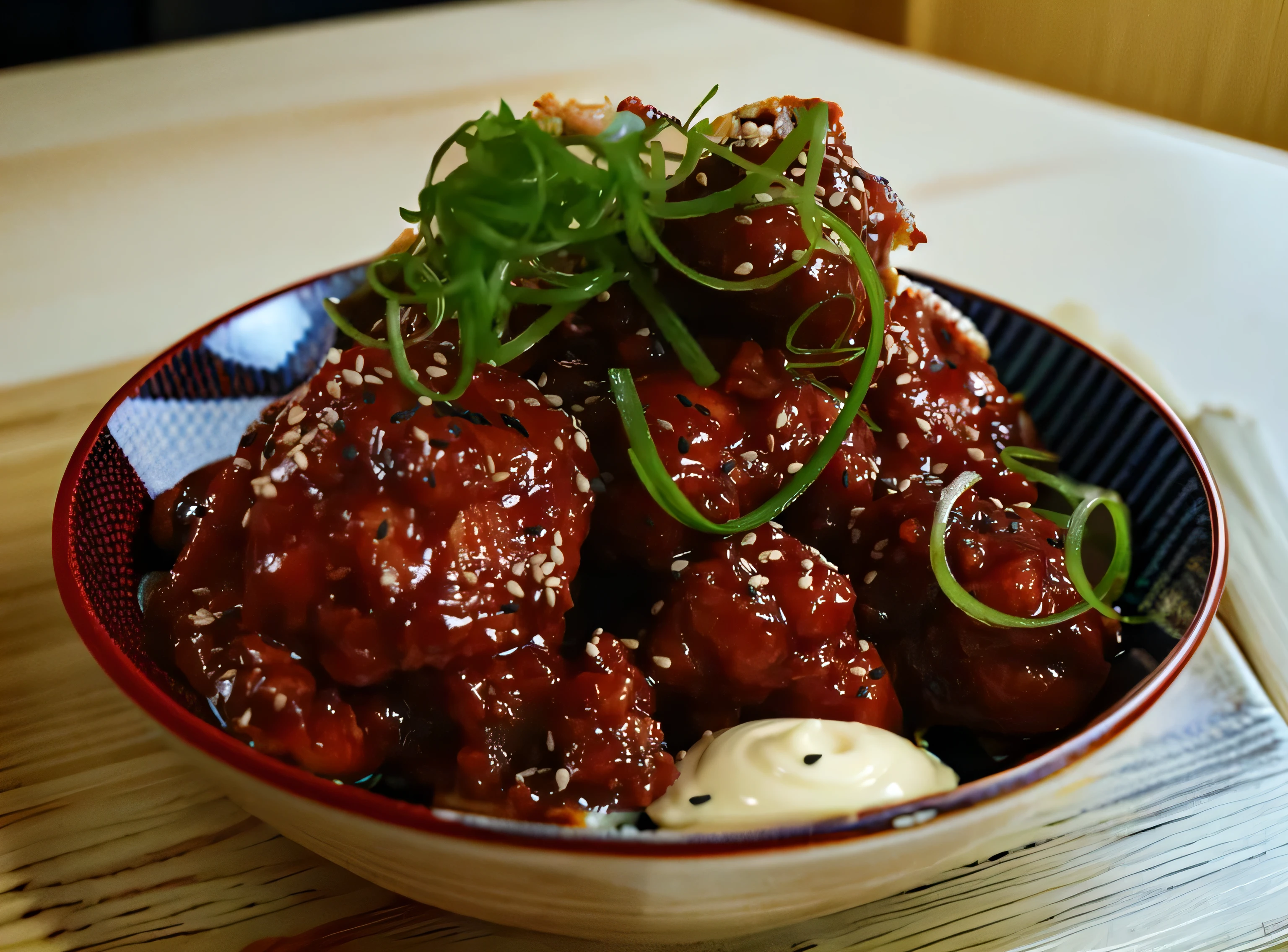 there is a bowl of food with meat and sauce in it, luscious with sesame seeds, great wings, chicken, bone wings, sauce, which splits in half into wings, yummy, choi, hajime katoki, honey, korean, youtube thumbnail, sosaku hanga, japanese, sasai ukon masanao, chinese, jaw dropping