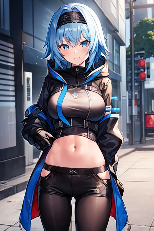 1girl, hood, jacket, hooded jacket, eula /(genshin impact/), black headband, blue hair, large breasts, black jacket, white shirt, shirt, very short hair, pants, black pants, smile, toned, toned female, urban, street, tall, tall female, arm down, hands down, arms down, hand down, cropped jacket