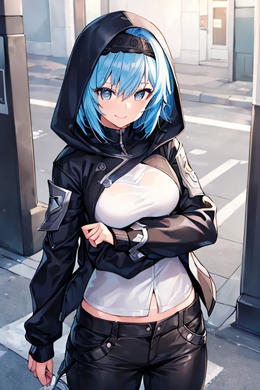 1girl, hood, jacket, hooded jacket, eula /(genshin impact/), black headband, blue hair, large breasts, black jacket, white shirt, shirt, very short hair, pants, black pants, smile, toned, toned female, urban, street, tall, tall female, arm down, hands down, arms down, hand down, cropped jacket