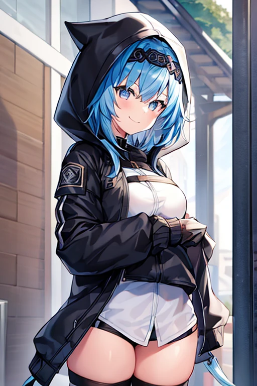 1girl, hood, jacket, hooded jacket, eula /(genshin impact/), black headband, blue hair, large breasts, black jacket, white shirt, shirt, very short hair, pants, black pants, smile, toned, toned female, urban, street, tall, tall female, arm down, hands down, arms down, hand down, cropped jacket