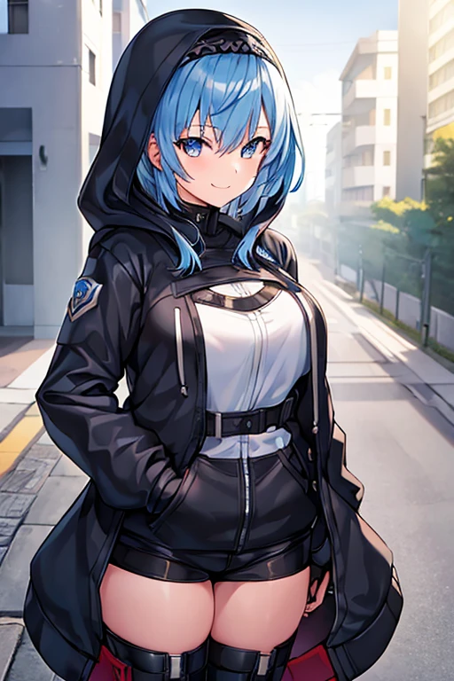 1girl, hood, jacket, hooded jacket, eula /(genshin impact/), black headband, blue hair, large breasts, black jacket, white shirt, shirt, very short hair, pants, black pants, smile, toned, toned female, urban, street, tall, tall female, arm down, hands down, arms down, hand down, cropped jacket
