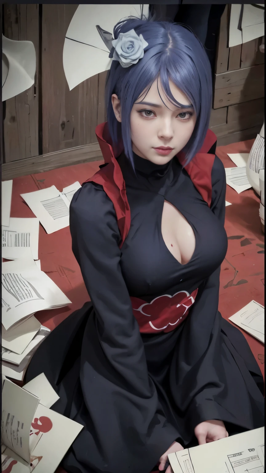 (8K,RAW photos),(best qualtiy),(tmasterpiece),(realisticlying,)(Photorealistic and realistic),(A high resolution),Hyper-detailing,(hentail realism:1.1),beauitful face,
(1female:1.1),Female pervert,(looki at viewer),cowboy lens,jpn,
Xiaonan\(Naruto\),(AKATSUKI OUTFIT:1.1),La Brett piercing,(cleavage:1.5),(Off-the-shoulder attire:1.5),ssmile,Be red in the face,Upper body photo
Dark blue hair,(Flying White Paper:1.5)
profesional lighting、photon maping、physically-based renderingt、
Dark theme,