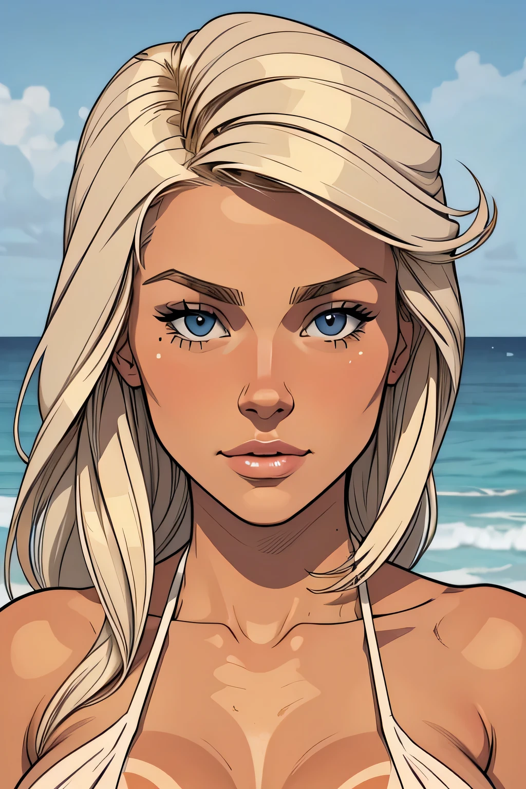 Flat colors,close-up, portrait,  of a 25 year old surfer looking girl, tan skin, ([blue eyes]) Beach blonde salty hair, natural beaty, beautiful, casual,cartoon style illustration,digital illustration style, design de personagens altamente detalhado, arte digital detalhada coragem, Forest fan art, Design de personagens de retrato, beautiful digital illustration, retrato de alta qualidade, Arte em quadrinhos, mulher jovem cabelo com transas lindas . Beautiful lined eyes beautiful, casual, ((([ topless, large perfect breast, perfect small nipples]))