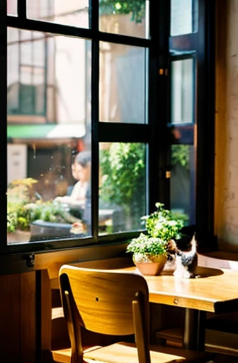 Japanese retro coffee shop。The interior is decorated with warm wooden tables and chairs.、A cat with beautiful fur sleeping on a chair, etc.、There is a nostalgic atmosphere。The outside view and light come in through the window.。The cat blends into its surroundings、It exists naturally in a coffee shop.。The interior of the cafe is unified with warm colors.、The bright, warm light coming in through the windows creates soft shadows inside the store.。The cafe's interior incorporates retro elements.、There is a nostalgic atmosphere。Plants and books are placed on the window seat.、The space where cats relax is more realistically expressed.。Quiet and peaceful atmosphere、people々There is a relaxing and peaceful atmosphere。The presence of the cat breathes life into the scene.、It expresses a relaxing moment inside a coffee shop.。