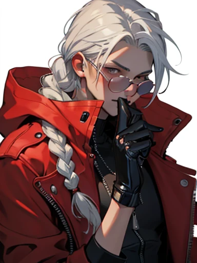 Concept ART ,human Male ,Clear Skin ,Red eyewear , white hair,long braided ,zip Red Coat , Black Gloves , Cool face