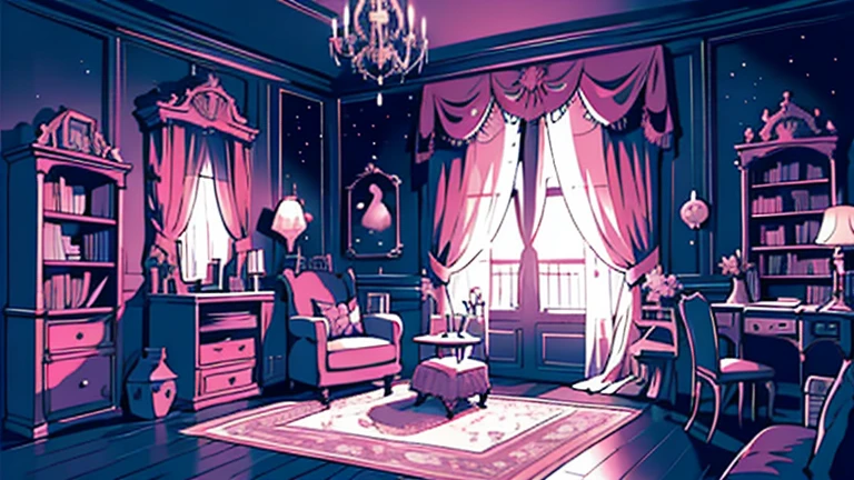 background、highest quality、detailed、gothic atmosphere、Room illustration、、Illustration in black and pink tones、spacious room、night、深night、窓から美しいnight空、lace curtains、Gothic bed、one chandelier、Gothic furniture、bookshelf、Plush rug、There are no living things、wide range composition、Deformed illustration、dark atmosphere、nightの静けさ、starry sky、Crescent Moon、Crescent Moonと星の電飾