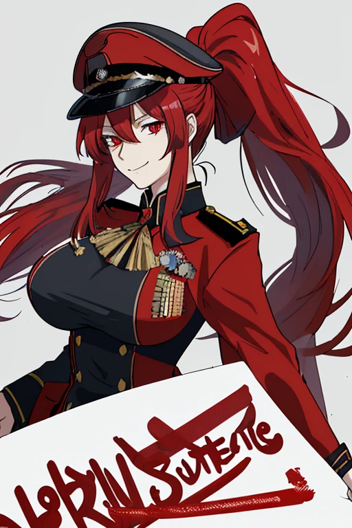 The solution to the absurd,High resolution,Masterpiece 1.4,super beautiful,8 life size,Second World War,wearing German military uniform,red eyes,red long hair,ponytail,big breasts,sharp eyes,The solution to the absurd,High resolution,Masterpiece 1.4,super beautiful,wearing a military hat,body hidden by clothes,8 life size,moving closer to the camera,red eyes,red long hair,ponytail,big breasts,fearless smile,battlefield background,
