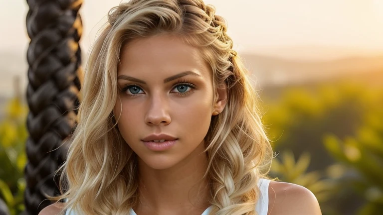A captivating blonde with dutch braids and dark theme, attractive, sporty:
In the midst of the serene stillness, a blonde beauty with dutch braids catches your gaze. Her allure radiates an irresistible charm, as her striking blue eyes lock into yours with an inviting, playful spark. The sun-kissed strands of her blonde hair cascade down her shoulders, framing her face, while her athletic build reveals the toned physique of a dedicated sports enthusiast. A natural, untouched beauty graces this scene, her radiant complexion glowing with a youthful energy and flawless pores that testify